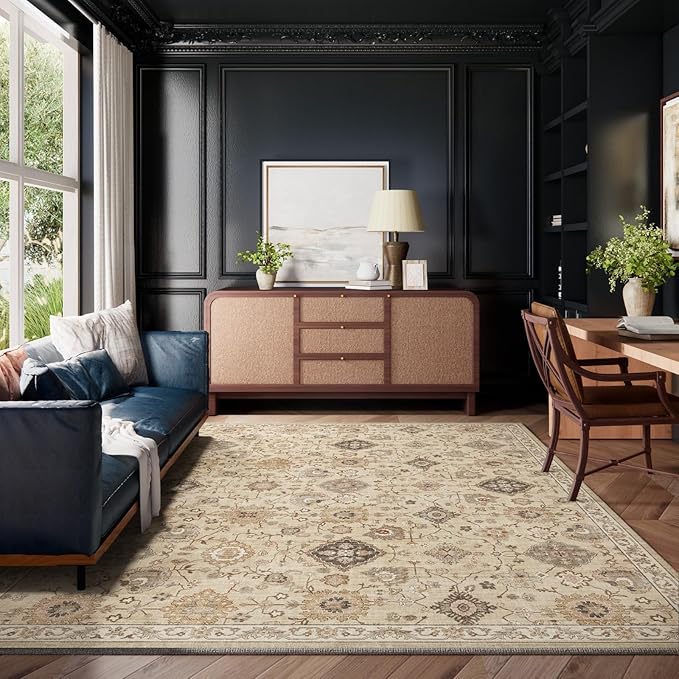 Machine Washable Rug for Living Room: 8x10 Area Rugs Boho Vintage Rug Stain Resistant Non Slip Low Pile Soft Lightweight Carpets for Bedroom Kitchen Dining Room Nursery Kids Room Farmhouse