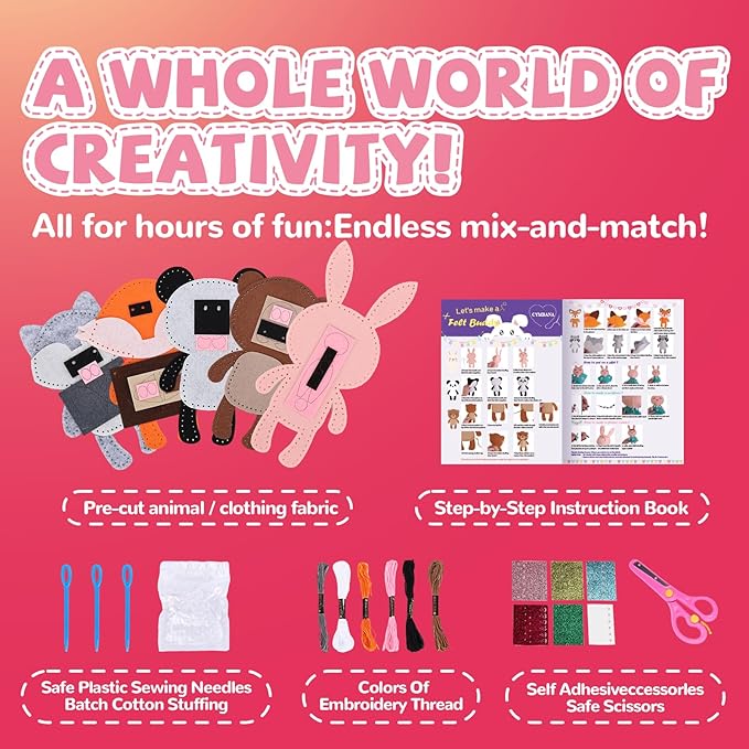 Cymbana Kid Sewing Craft Kit to Make a Friend for Beginner Felt Craft Learn to Sew, Panda Fox Bunny Raccoon Bear 5 Animals