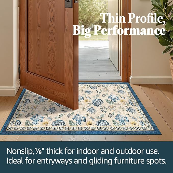 jinchan 2x3 Floral Rug for Entryway Washable Kitchen Rug Vintage Romance Design Small Mat Non Slip Indoor Doormat Lightweight Low-Profile Throw Carpet for Entrance Bathroom Laundry Room, Blue/Beige