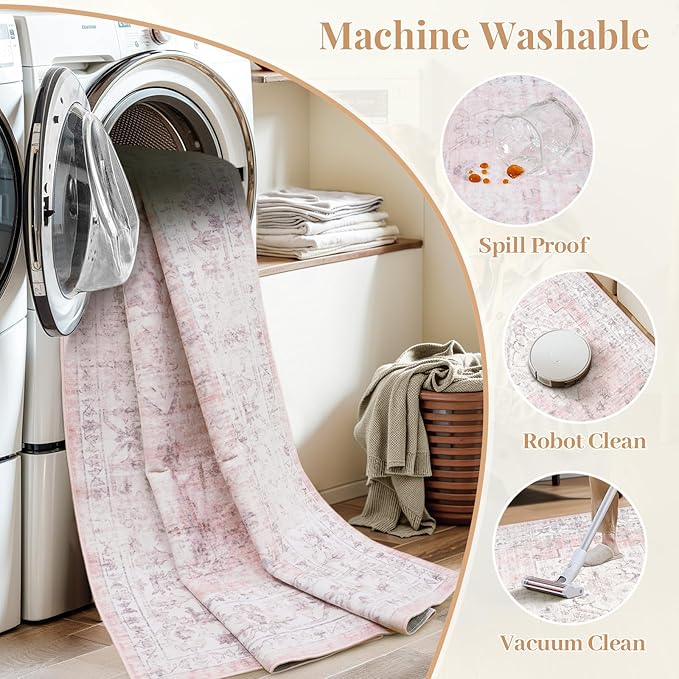 LIVEBOX Pink 8x10 Area Rug for Bedroom Girls, Boho Washable Rugs for Living Room Nursery, Non-Slip Indoor Soft Carpet Low-Pile Farmhouse Carpets for Dining Room Kids Playroom, Pink