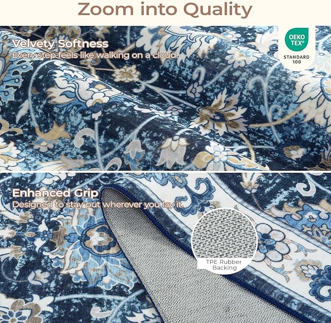 Floral Washable Area Rugs 5x7, Vintage Rug for Living Room, Large Bedroom Carpet, Non Slip Low Pile Ultra Soft Carpets for Indoor Dining Home Nursery Playroom Under Table, Blue Garden