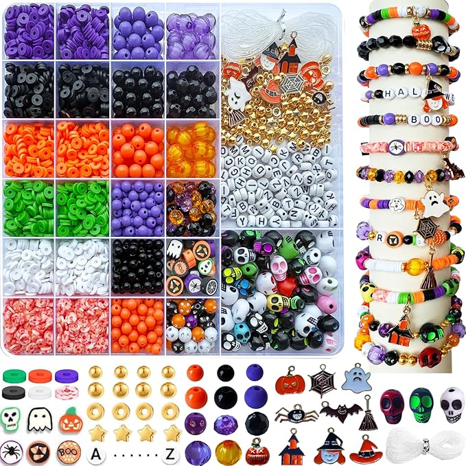 3140Pcs Halloween Beads for Bracelet Jewelry Making Kit, Halloween Clay Beads Black White Orange Purple Pumpkin Round Letter Star Skull Bead Bulk with Ghost Witch Hat Charm for DIY Craft Earring
