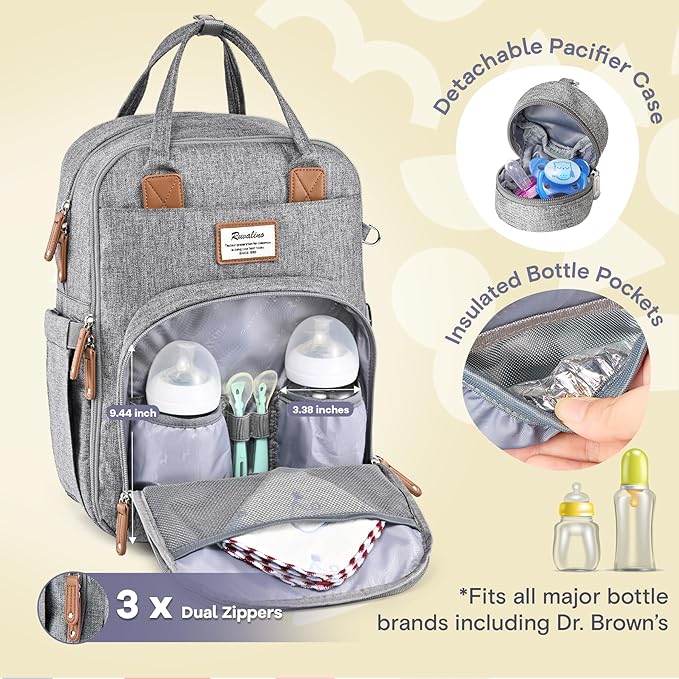 RUVALINO Diaper Bag Backpack-Multifunction Travel Baby Diaper Bag with Changing Pad, Insulated Bottle Holders & Pacifier Case, Large Capacity, Waterproof, Gray