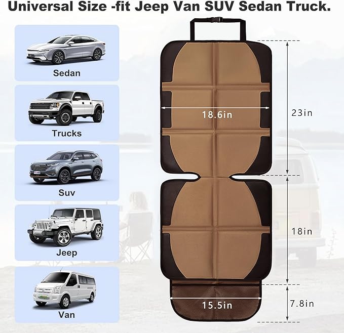 Car Seat Protector, 2 Pack Baby CarSeat Covers with Mesh Pockets & Non-Slip Backing 600D Durable Seat Protectors Under Car Seat for Baby (Black & Brown, Large)