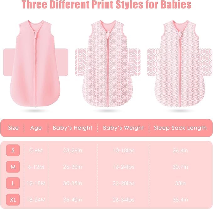 SWEET DOLPHIN Baby Sleep Sack 12-18 Months - 100% Cotton 2-Way Zipper TOG 0.5 Infant Wearable Blanket, Newborn Essentials Toddler 3 Pack Sleeping Sacks - Pink