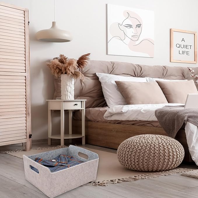 Welaxy Storage Baskets Collapsible Felt Storage bin Foldable Shelf Drawers Organizers for Kids Pet Toys magazine Books Clothes Closet Cabinet decluttering (Oatmeal +Gray)