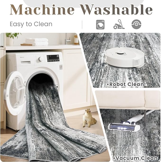 Washable Rug 9x12 Area Rugs for Living Room: Large Neutral Soft Rug Abstract Non Slip Low Pile Modern Carpet for Bedroom Kitchen Nursery Office Dining Room Indoor (Black, 9'x12')