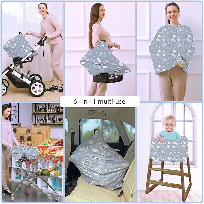 Car Seat Covers for Babies - Multi- use Nursing Carseat Canopy, Breastfeeding Covers, Baby Shower Gifts for Boys and Girls (Grey Rainbow)