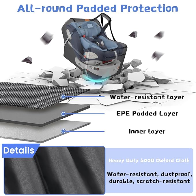 Infant Car Seat Travel Bag for Airplane Compatible with All Nuna Pipa Car Seat and Base,Chicco KeyFit 30 and Base, Padded Car Seat Bags for Air Travel,Car Seat Gate Check Bag with Side Pocket, Gray