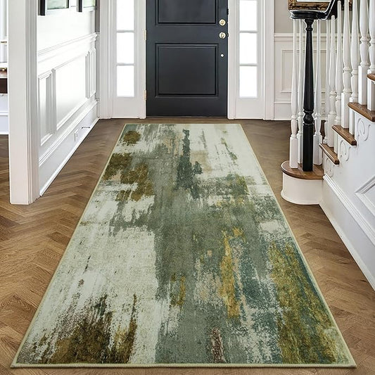 Washable Runner Rug, 2x6 Kitchen Rugs Green Long Runner Rugs with Rubber Backing, Abstract Non-Slip Carpet Runners for Hallways, Kitchen, Bedroom, Laundry, Entrance