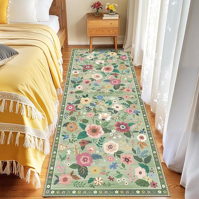 Floral 2x6 Area Rug Machine Washable Soft Print Boho Carpet Non Slip Doormat Low Pile Flower Area Rugs for Living Room Bedroom Nursery Kitchen Dining Room Indoor-Light Green