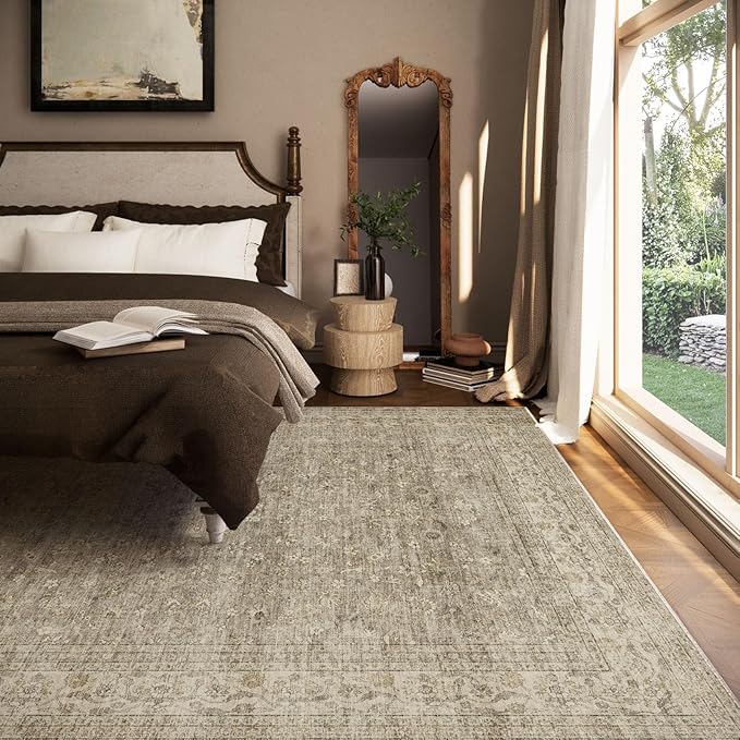 Machine Washable Rugs for Living Room: 6x9 Area Rugs for Bedroom Vintage Stain Resistant Non Slip Low Pile Lightweight Boho Carpet for Kitchen Dining Room Farmhouse Kids Room Nursery