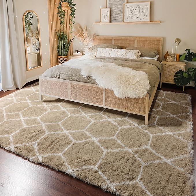 ONASAR Rugs for Living Room Bedroom, 5x8 Washable Fluffy Beige and White Area Rug, Geometric Boho Soft Plush Shaggy Fuzzy Floor Carpet for Nursery Kids Girls Boys Teen Dorm Home Decor Aesthetic