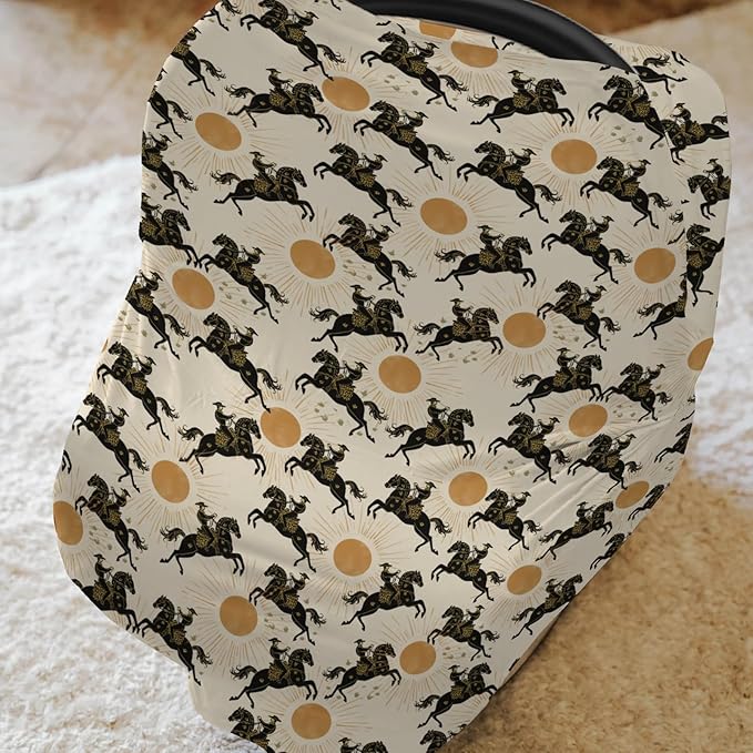 Western Cowboys Sunshine Baby Car Seat Covers Cowboy Horse Sun Stretchy 5-in-1 Cover Adjustable Car Canopy Breastfeeding Cover Wild West Desert Breathable Nursing Cover-Up