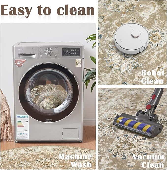 jinchan Round Rug 6ft Area Rug - Taupe Vintage Floor Mat Kitchen Indoor Ultra-Thin Soft Floral Print - Washable Circle 6' Retro Accent for Farmhouse Non Slip Dining Room Living Room Bedroom Office