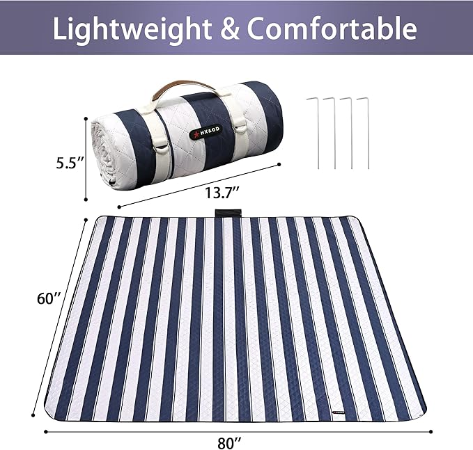 HX&OD Outdoor Picnic Blanket Extra Large, 80''*60'' Waterproof Picnic Mat with Stakes Foldable Camping Blanket Portable with Carry Strap for Beach Mat (Green& White, 80''*60'')