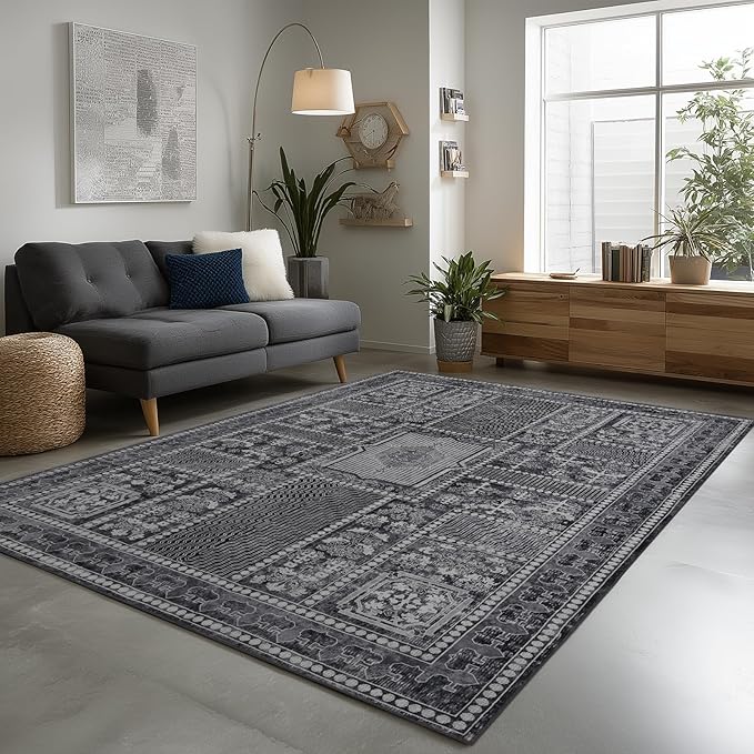 Washable 6x9 Area Rug for Living Room, Carpet for Bedroom Dining Room, Non Slip&Non-Shedding Resistant Low Pile Vintage Print Rug for Home Office (Grey)