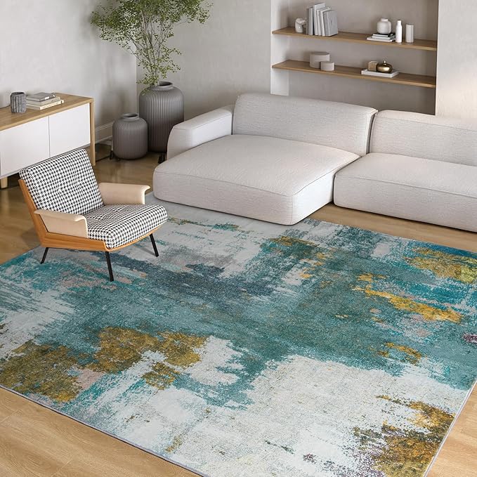Kelarea 5x7 Blue Rugs for Living Room, Washable Non-Slip Large Rug Abstract Stain Resistant Carpet, Low Pile Soft Indoor Rug for Bedroom, Dining Room, Nursery, Kitchen, Home Office