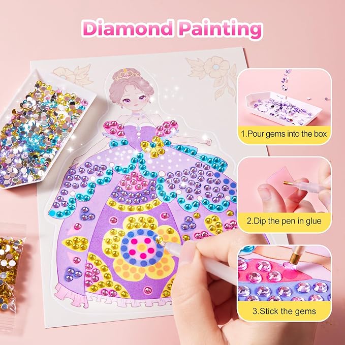 4 in 1 Princess Art Craft Kits, Foil Crafts Art Fun & Gem Painting, Makeup Diamond DIY Activity, Dress Up Sticker Books,Travel Toys, Ideal Toys for Girls Ages 6 7 8+ Years Old