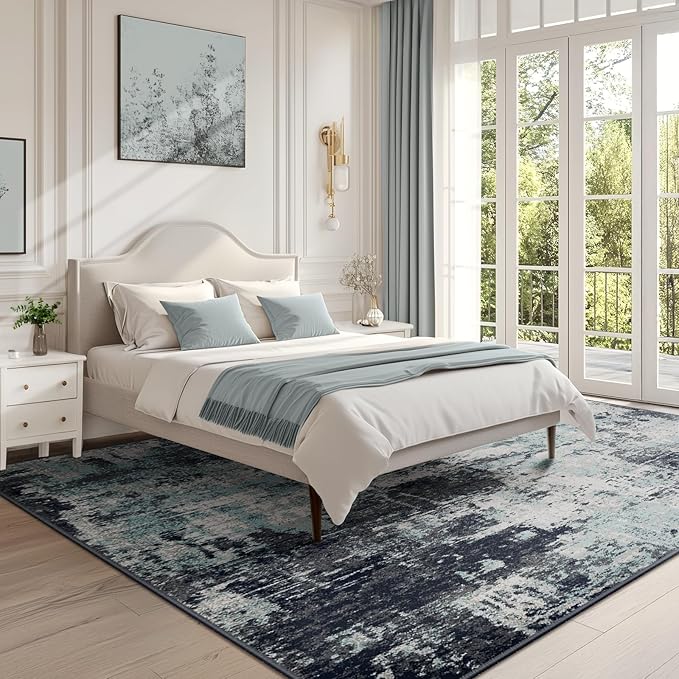 Washable Area Rugs 8'x10' Non-Slip Modern Abstract Soft for Living Room Entryway Bedroom Nursery, Print Pattern, Blue Black Teal