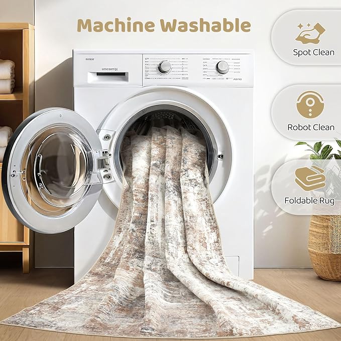 4x6 Rug Washable Area Rugs: Abstract Modern Soft Stain Resistant Indoor Floor Accent Non Slip Carpet for Living Room Entryway Kitchen Bedroom Nursery Office Bedside Home House Decor- Brown