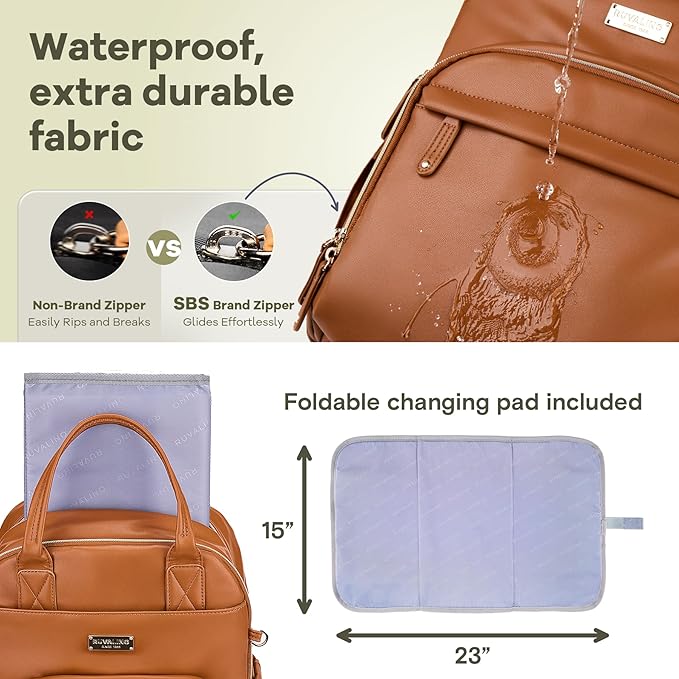 RUVALINO Diaper Bag Backpack, Multifunction Travel Pack Maternity Baby Changing Bags, Large Capacity, Waterproof, Brown