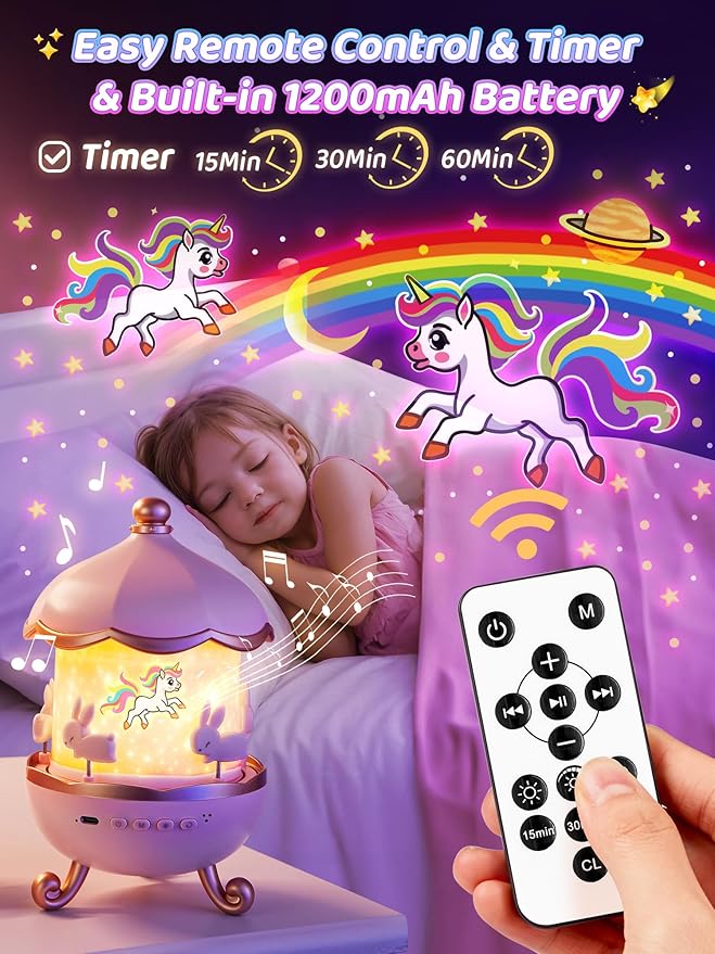 Carousel Night Light for Kids, 10 Music+15 Films+315 Colors Star Projector for Kids Night Light Projector,360°+Remote+1200mah Star Lights for Ceiling, Unicorn Toys for Girls Room Decor Princess Gifts