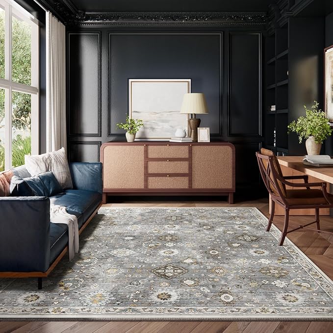 Machine Washable Rug for Living room: 8x10 Area Rugs Boho Vintage Rugs Stain Resistant Non Slip Low Pile Lightweight Soft Carpet for Bedroom Kitchen Dining Room Nursery Kids Room Farmhouse Home Office