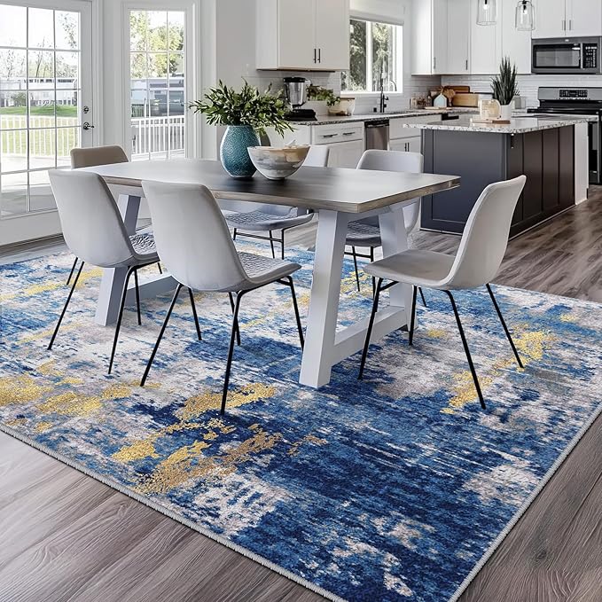 Washable Area Rugs 6'x9' Non-Slip Modern Abstract Soft for Living Room Entryway Bedroom Nursery, Print Pattern, Grey Blue Gold/Golden