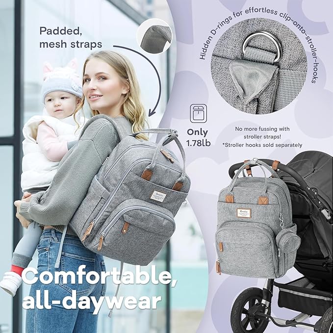 RUVALINO Diaper Bag Backpack-Expandable Baby Bag with up to 50% Capacity -Baby Essentials Bag with Changing Pad Insulated Bottle Holders & Pacifier Case, Waterproof, Gray XL