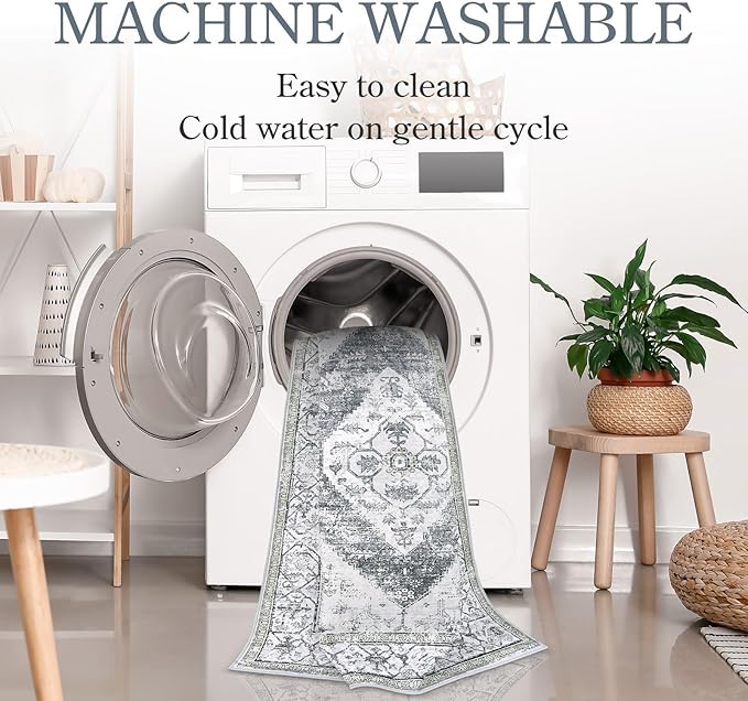 Lahome Boho Round Rugs - 4Ft Washable Non-Slip Small Round Area Rug for Bedroom Grey Lightweight Round Throw Rug, Oriental Distressed Print Indoor Circle Rugs for Bedroom Entryway Bathroom Kitchen