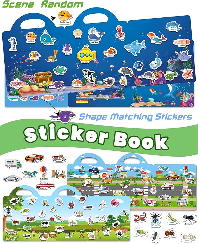 Reusable Sticker Book for Toddlers 2-4 Years, Stickers for Kids, Toddler Sticker Book Ages 1-3, Toddler Craft Activities, Toddlers Travel Toys Ages 2+ Boy Girl Birthday Gifts
