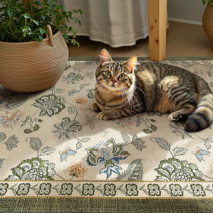 jinchan 3x5 Floral Rug for Entryway Washable Kitchen Rug Vintage Romance Design Small Mat Non Slip Indoor Doormat Lightweight Low-Profile Throw Carpet for Entrance Bathroom Laundry Room, Green/Beige