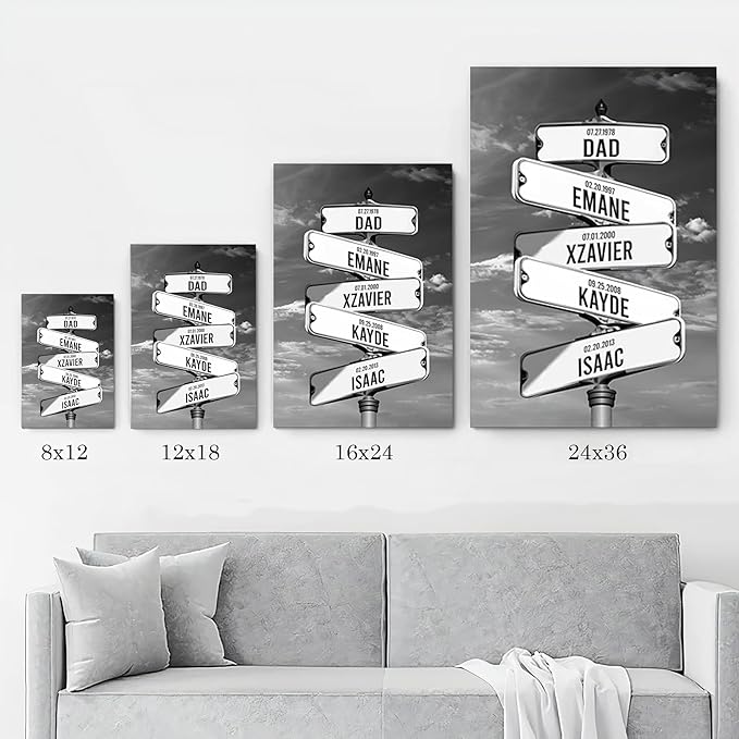 Personalized Father's Day Family Names Street Custom Multi-Name Date of Birth Vintage Street Sign Happy Fathers Day Poster Canvas Wall Art Best Gifts for Dad Husband from Daughter Son Wife Kids #1