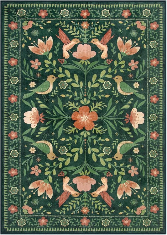 Moynesa Boho Bird 5x7 Area Rugs for Living Room, Washable Green Rug Jungle Floral Bedroom Rug, Low-Pile Soft Vintage Floor Carpet Non-Slip for Dining Room Playrom Living Room