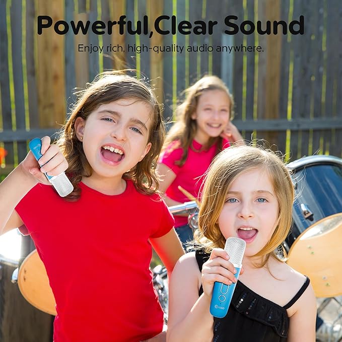 Contixo KS1A Kids Mini Karaoke Machine with LED Lights, 7–10H Playback, Dual Wireless Mics, Magic Voice Effects, Bluetooth Speaker for Children, Portable Singing Toy Gift for Boys & Girls, Blue