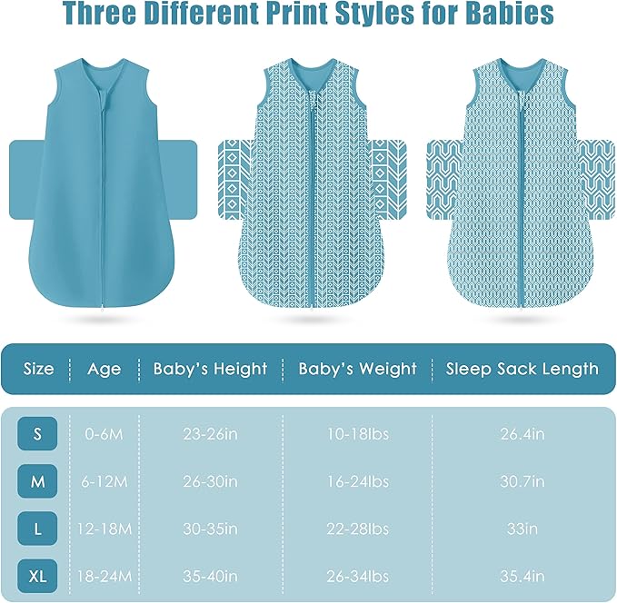 SWEET DOLPHIN Baby Sleep Sack 18-24 Months - 100% Cotton 2-Way Zipper TOG 0.5 Infant Wearable Blanket, Newborn Essentials Toddler 3 Pack Sleeping Sacks - Peacock Blue