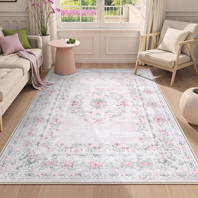 Wonnitar Floral Bow Pink Rug for Bedroom, Washable 5x7 Area Rug for Girls Nursery, Ultra-Thin Non Slip Soft Boho Carpet for Kids Room Dorm Living Room, Light Pink