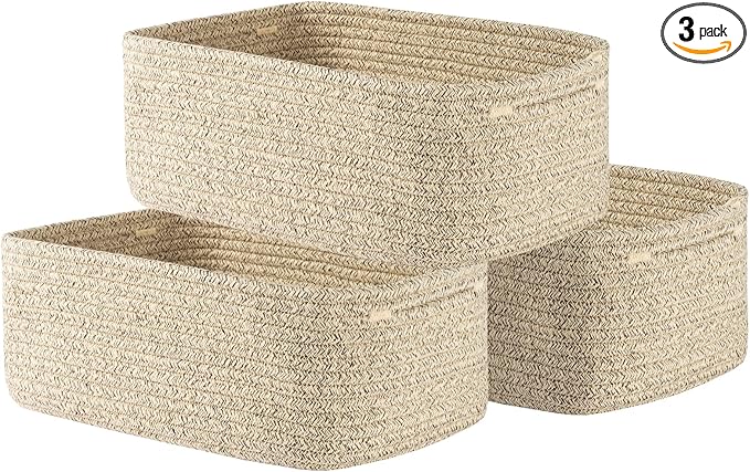KALLAX Small Woven Basket, 13.5 x 9.5 x 5 Inches, Storage Basket for Organizing, Cute Small Rope Shelf Closet Cube Storage Bins Baskets for Shelves, Dog Toy Gift Baskets Empty, 3 Packs, Mixed Brown