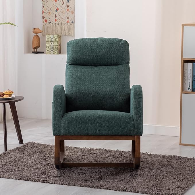 Dolonm Nursery Rocking Chair for Living Room, Upholstered Mid-Century Modern Nursery Rocking Armchair Tall Back Accent Glider Rocker, Emerald