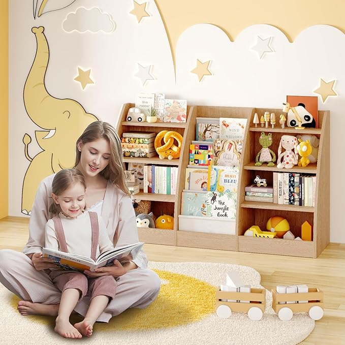 4 Tier Kids Bookshelf, 4 Layer Sling Kids Book Shelf for Kids Rooms, XXL Wood Children Bookcase,Baby Storage Book Rack,Toddler Bookshelf, Book and Toy Organizer,Book Display Shelf Burlywood