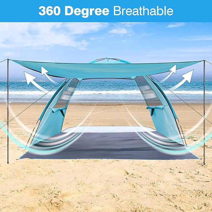 DLUCKY Beach Tent for 1/2/3/4/5/6 Person,Anti-UV Portable Sun Shade ShelterUPF 50+,Both Sides Extendable Floor,Extendable Awning,with 2 Ventilating Mesh Windows,Lightweight & Easy Setup.