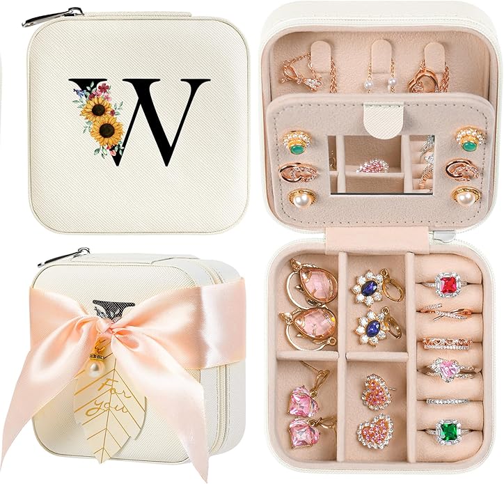 AYGXU Travel Jewelry Box for Women and Girls - Small Case With Initial A-Z - Teacher Gifts