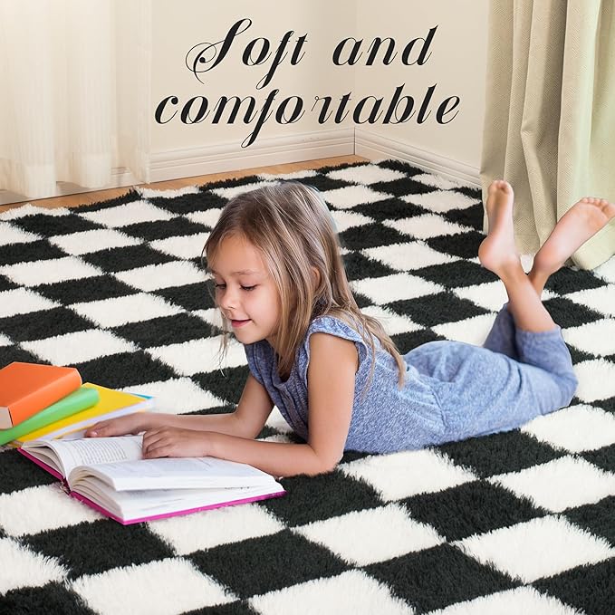 Super Soft Rug for Bedroom, 8x10 Ft Black and White Area Rug Classic Checkered Shaggy Anti-Skid High Pile Soft Fluffy Rug Fuzzy Carpet for Living Room Bedroom Kids Room Nursery, Dorm Home Decor