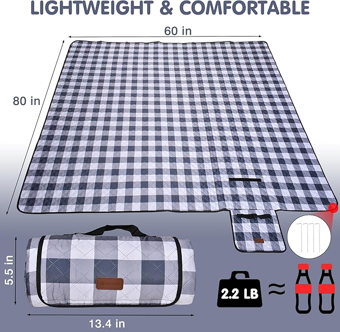 HX&OD Outdoor Picnic Blanket, Extra Large, 80''x60'' Waterproof Foldable Blankets Gingham Picnic Mat for Beach, Camping Grass Lawn Park Accessories Cute Couple Ideas Wedding (Gray, 80”x60”)