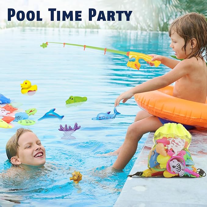 CozyBomB™ Kids Fishing Bath Toys Game | Magnetic Floating Toy Magnet Pole Rod Net, Plastic Floating Fish Toddler Pool Education Teaching and Learning Colors Birthday Age 3 4 5 6 Year