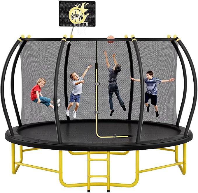 14FT Pumpkin Trampoline with Basketball Hoop, Balance Bar and Enclosure Net, Outdoor Trampoline for Kids and Adults, Capacity 880 lbs