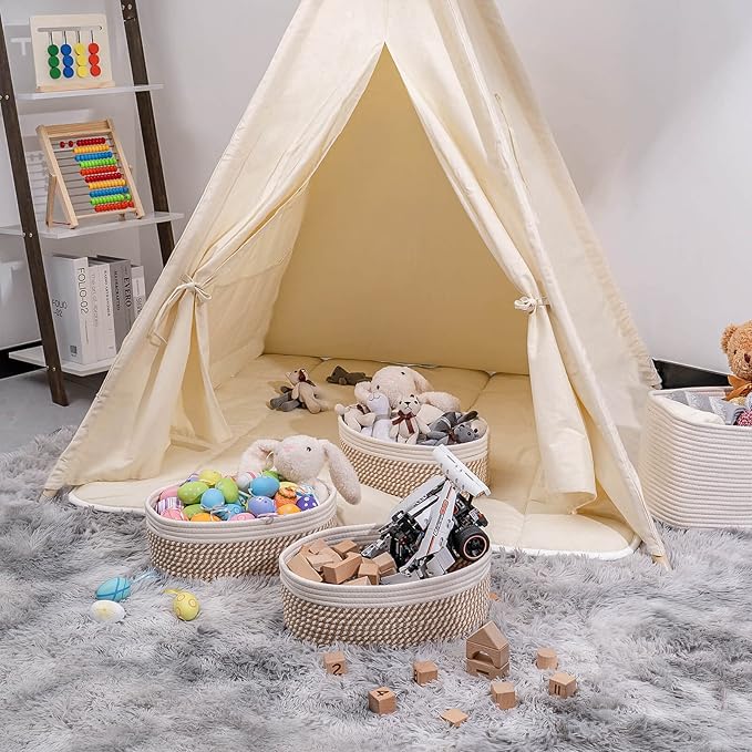 Shelf Storage Baskets for Organizing|Decorative Basket for Closet Storage|Toy Baskets&Bins|Small Woven Rope Baskets-13x8.66x5.11’’,Durable&Stylish,Oval 3 Packs Off White&Mixed Camel