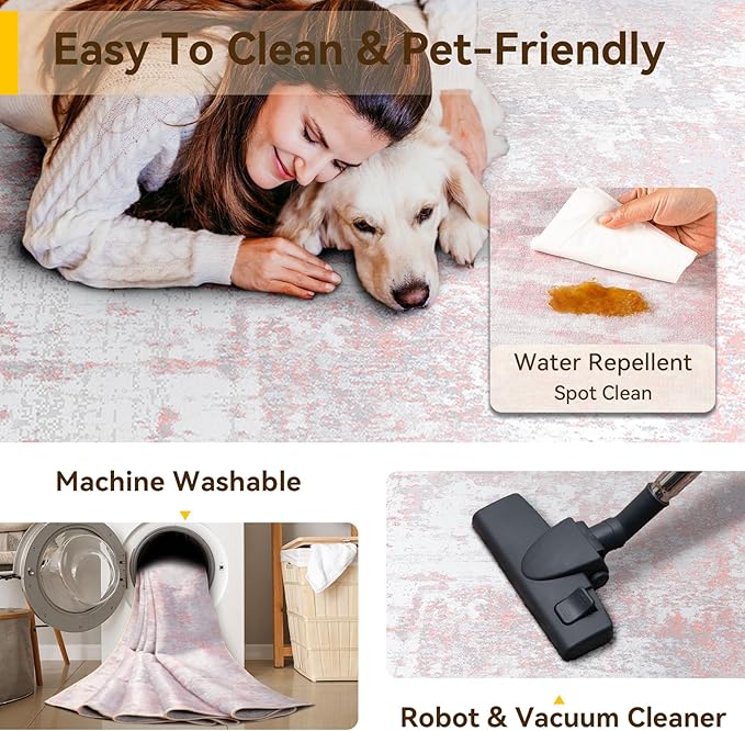 Washable Area Rugs 4ft Non-Slip Modern Abstract Soft for Living Room Entryway Bedroom Nursery, Print Pattern, Grey Pink