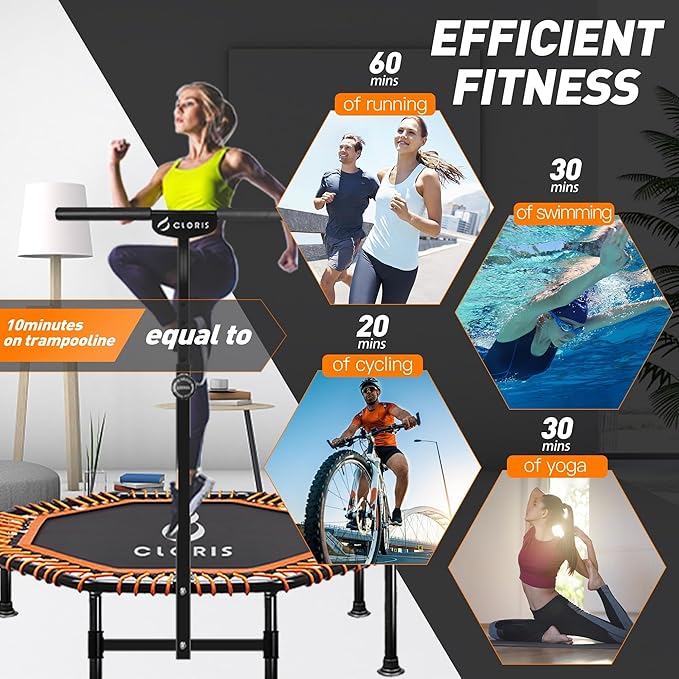 CLORIS 38in/48in Folding Trampoline - Max Load 220lbs / 450lbs Mini Trampoline Rebounder Trampoline for Adults with Adjustable Foam Handle, with safty Padded Cover Best Gift for Kids/Adult